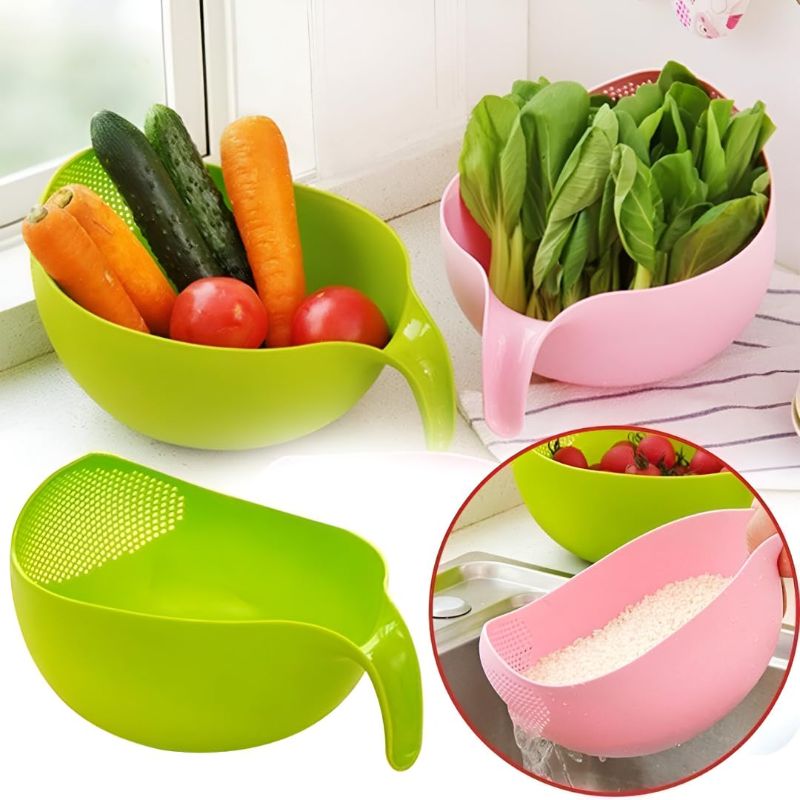 Zuha Multipurpose Rice & Vegetable Washing Bowl with Handle – Large PVC Strainer Bowl with Drain Holes for Washing, Rinsing & Draining