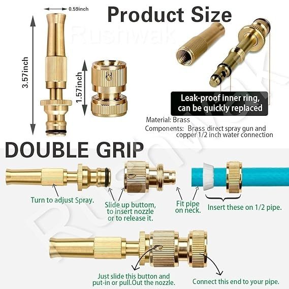 Zuha Brass Water Spray Nozzle for 1/2" Hose Pipe - Adjustable Pressure Booster Gun for Car Wash & Gardening, 10 x 2 cm