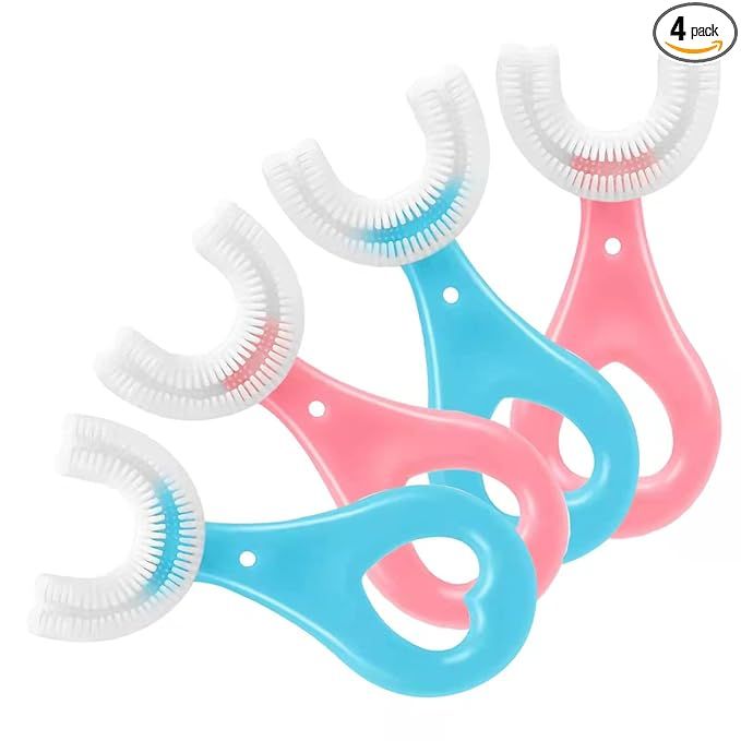 Zuha U Shaped Toothbrush Kids, Soft Silicone Brush Head, 360° Oral Teeth Cleaning Design, Manual, Pink, 2-6 Years Old