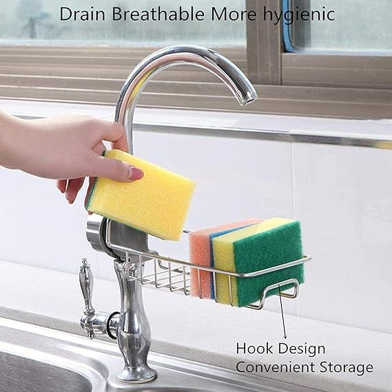 Zuha Kitchen Sink Faucet Sponge Holder Caddy Organizer Over, Stainless Steel Heavy Duty Thickening Hanging Drain Rack for scrubbers, soap, Bathroom, Detachable no Suction Cup Bathroom soap Holder