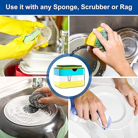 Zuha 2 in 1 Soap Dispenser for Bathroom Accessories Dishwasher Liquid Holder Liquid Dispenser Pump 400 ML with Sponge Holder Kitchen Sink Accessories Items
