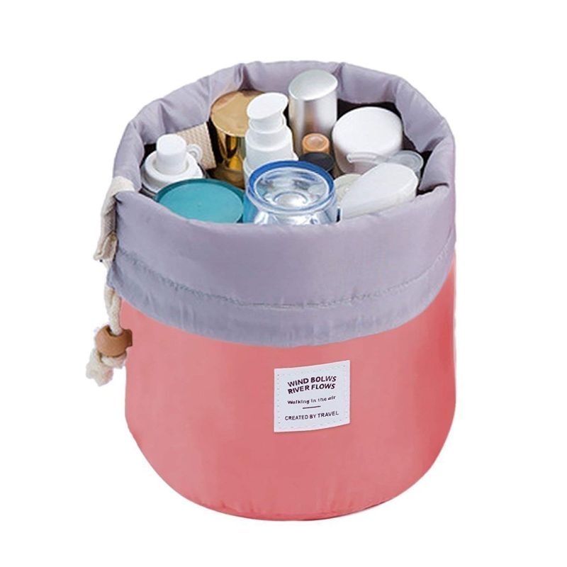 Zuha Latest Stylish Bucket Barrel Shaped Makeup Pouch for Girls | Round Cosmetic Bag with Multi Pockets | Make-Up Toiletry Pouches for Travel | Storage Organizer & Wash Bags for Women