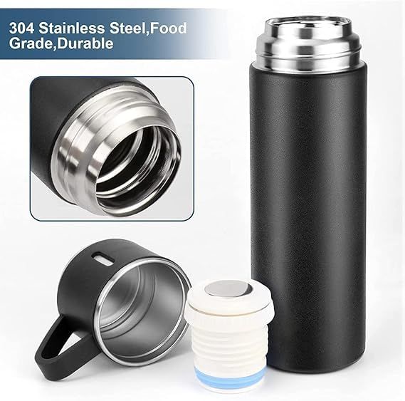 Zuha Vacuum Flask Set with 2 Cups, Double Wall Stainless Steel Thermo 500ml Vacuum Insulated Bottle Water Flask Set with 3 Cups Gift Set with Two Cups Hot & Cold