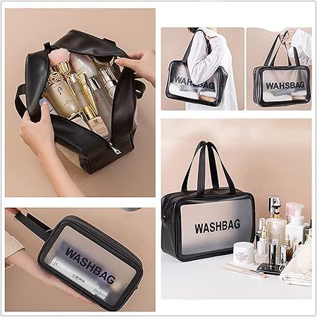Set of 3 Transparent Waterproof Travel Wash Bag/Toiletry Organizer Pouch with Handle (Black)
