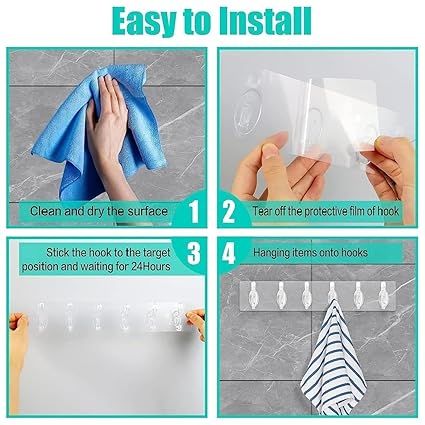 Zuha Adhesive Wall Hooks, Clear Plastic, Self-Adhesive Transparent Hanging Hooks,6 in Row, Strong Sticky Mount for Home, Kitchen, Bathroom