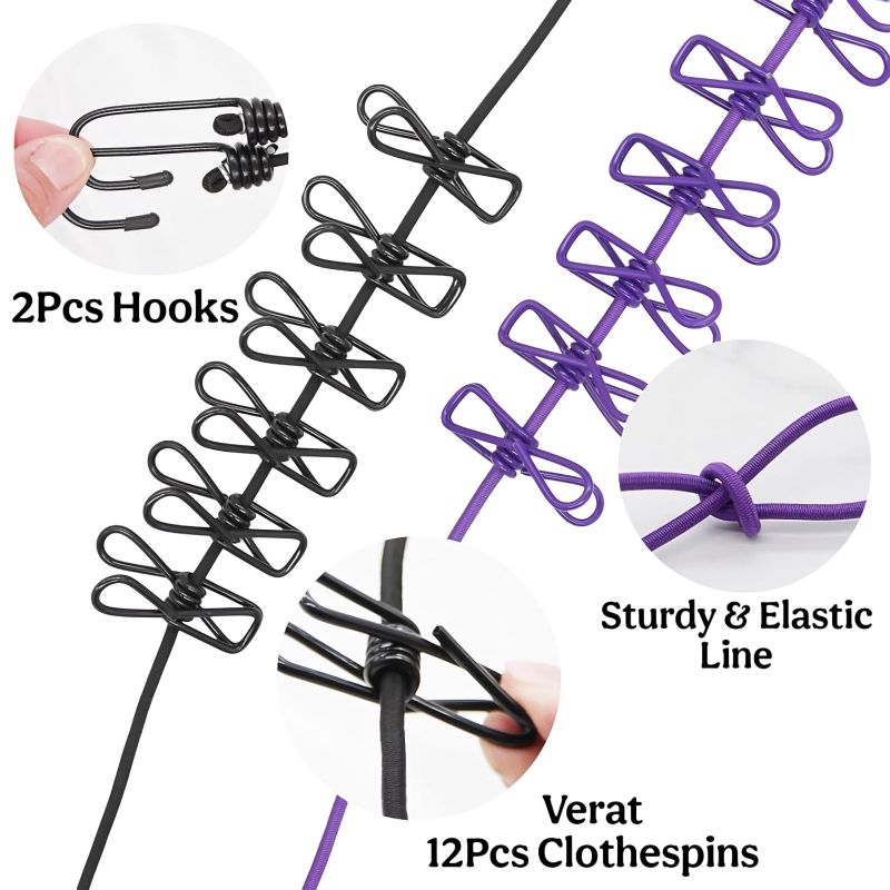 Zuha 1 Piece Cloth Drying Rope/Elastic Rope with Hook/12 Clip Elastic Hanging Rope/Stretchable/Clothesline/Portable Cloth Dryer/Kapde Sukhane Ki Rassi/Travel Home Outdoor(Multicolour), Assorted