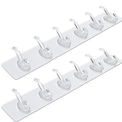 Zuha Adhesive Wall Hooks, Clear Plastic, Self-Adhesive Transparent Hanging Hooks,6 in Row, Strong Sticky Mount for Home, Kitchen, Bathroom