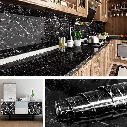 Zuha 60 x 200 cm Black Marble Foil Kitchen Stickers Oil-Proof Waterproof Self Adhesive Wallpaper PVC Bathroom Wall Stickers Contact Paper