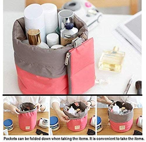 Zuha Latest Stylish Bucket Barrel Shaped Makeup Pouch for Girls | Round Cosmetic Bag with Multi Pockets | Make-Up Toiletry Pouches for Travel | Storage Organizer & Wash Bags for Women