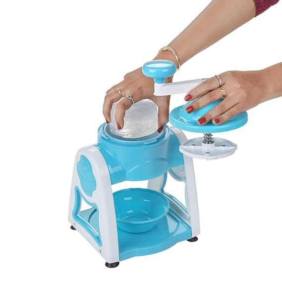 Zuha Industries Portable Ice Crusher Machine for Home with 3 Bowl, 6 Sticks, 1 Glass & Dish | Easy-to-Use Chuski & Slushy Maker | Counter-Top Ice Gola Machine for Summer Delights | White & Red