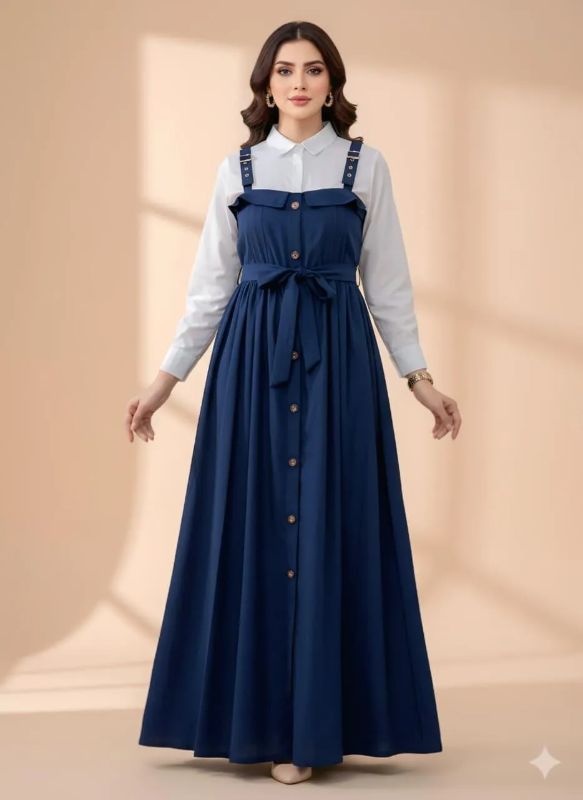 stylish navy blue linen women dress 2pcs ensemble