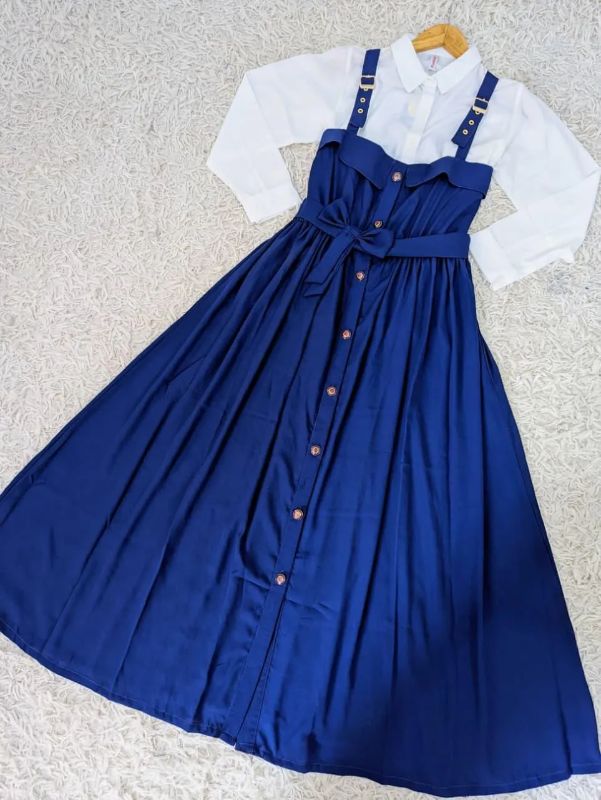 stylish navy blue linen women dress 2pcs ensemble
