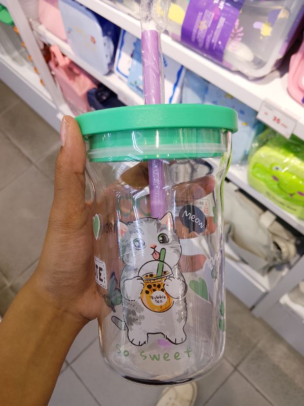 Gelas botol kaca sedotan -Kucing-Hijau-700ml
