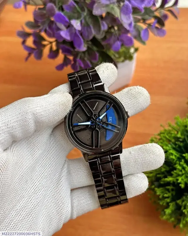 Stainless Steel Spinning Watch Blue Dial Black Strap - Multicolor