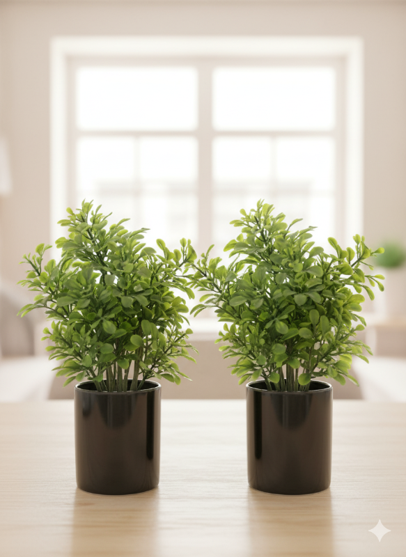 et of Two Lush Artificial Greenery Plants in Sleek Black Cylinder Pots