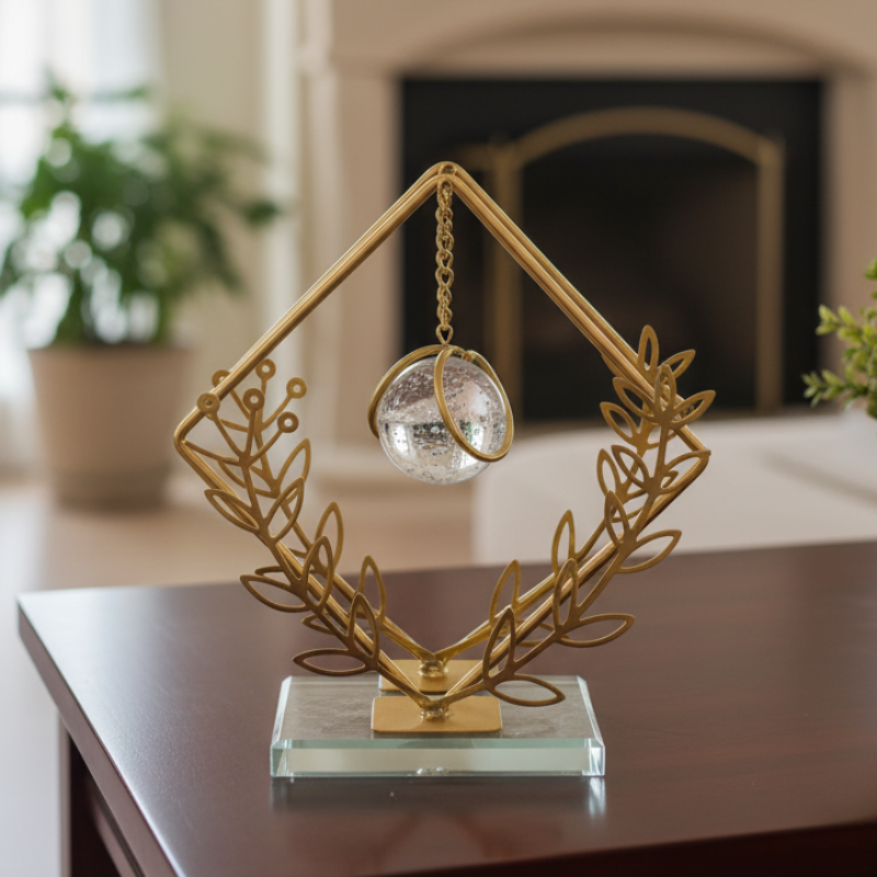 Elegant Golden Leaf Decorative Object with Crystal Orb
