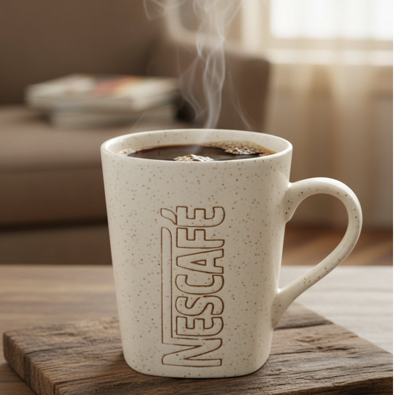 Steaming Nescafe Mug on a Wooden Coaster