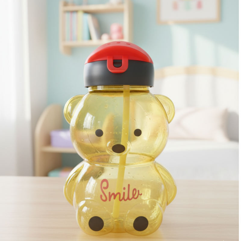 Cheerful Yellow Bear Water Bottle with "Smile" Inscription