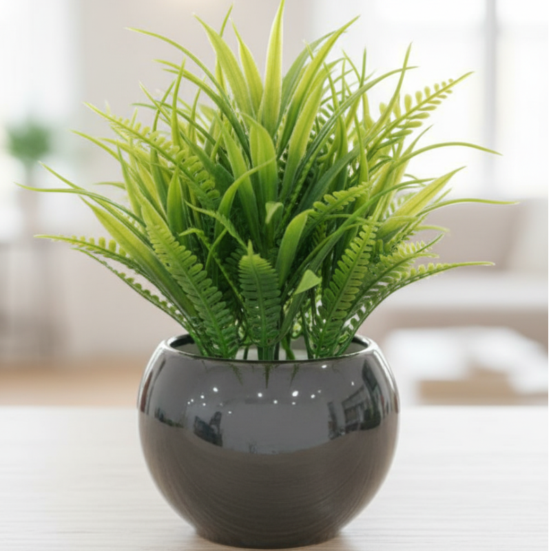 Realistic Artificial Green Plant in Glossy Black Pot