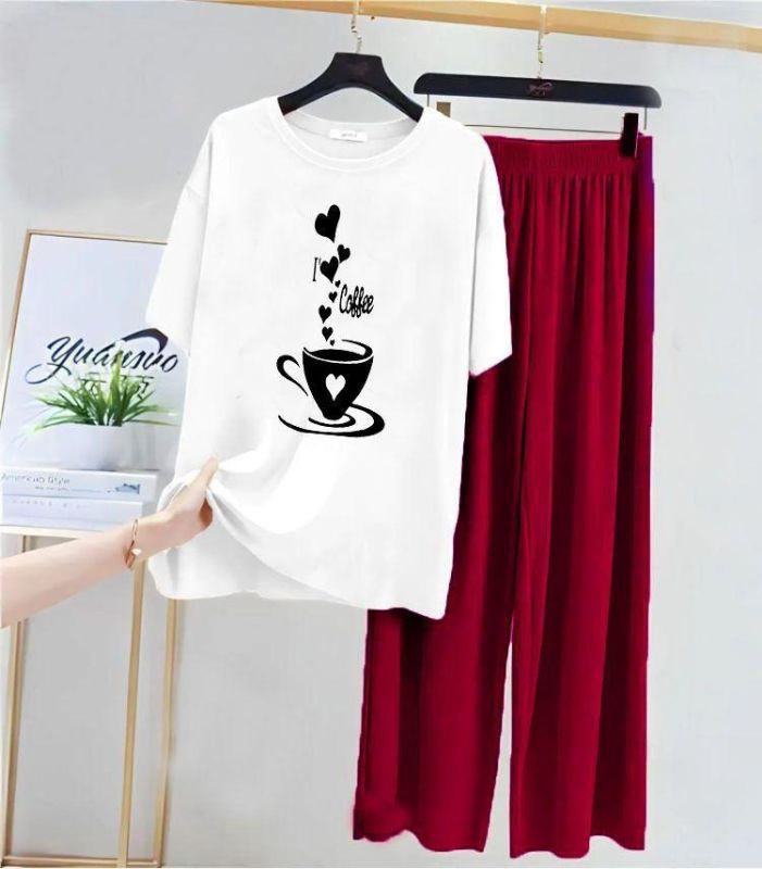 2 Pcs Women's Stitched Cotton Jersey Printed Night Suit Maroon