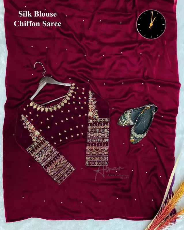 3 Pcs Women’s Chiffon Embroidered Stitched Saree