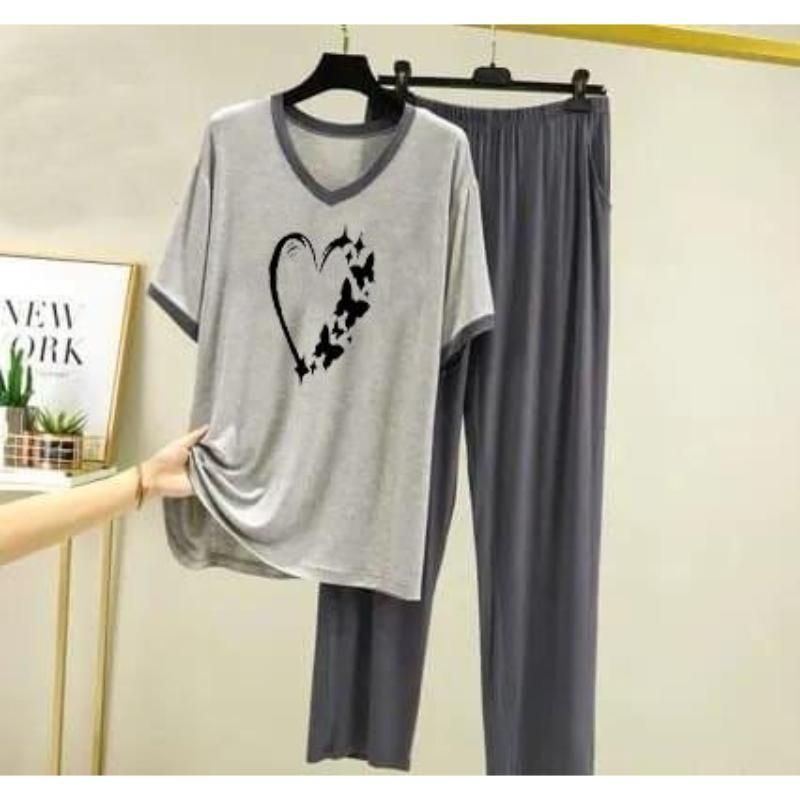 Women's Comfortable Printed Cotton Jersey Night Suit Grey - 2 Pcs