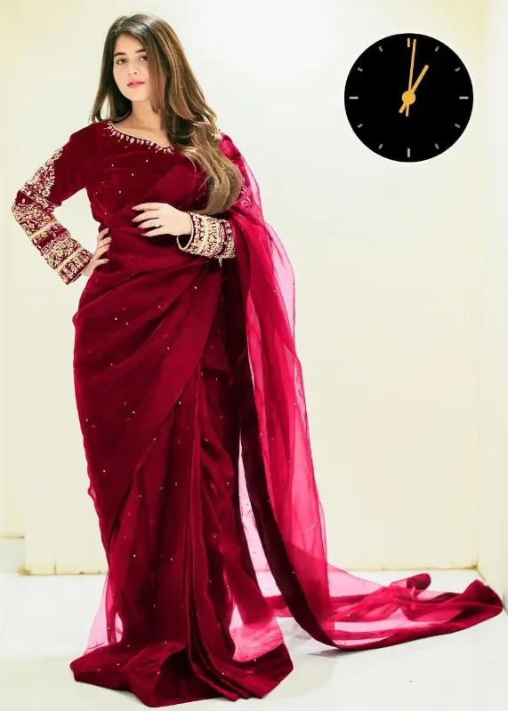 3 Pcs Women’s Chiffon Embroidered Stitched Saree