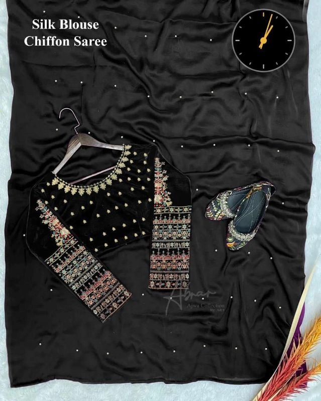 Stitched Chiffon Saree Set - 3 Pcs Black Embroidered Elegance
