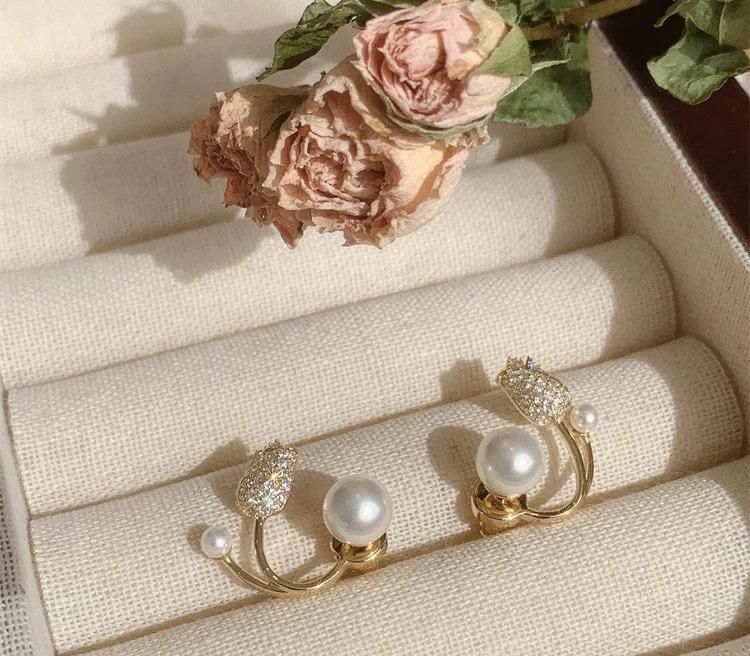 Flower Design Gold Plated Pearl Studs