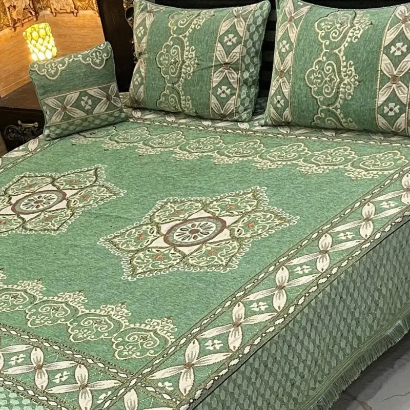 4 Pcs Velvet Jacquard Embroidered Double Bedsheet Green Sage