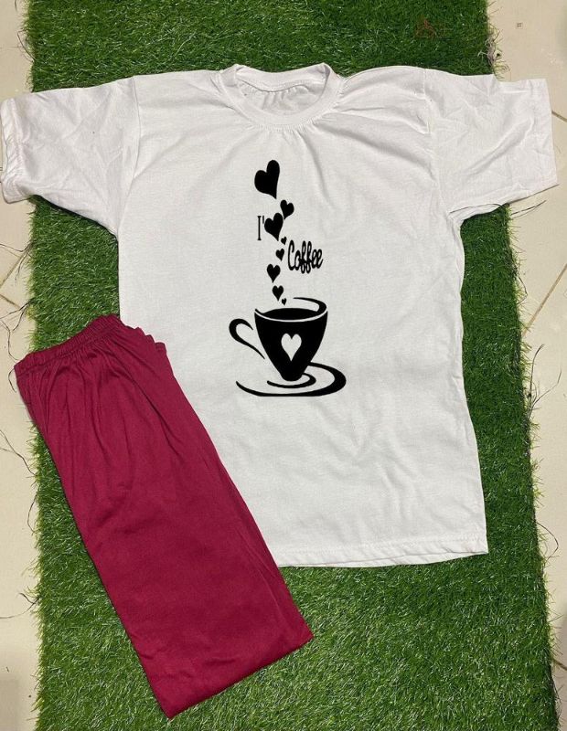 2 Pcs Women's Stitched Cotton Jersey Printed Night Suit Maroon