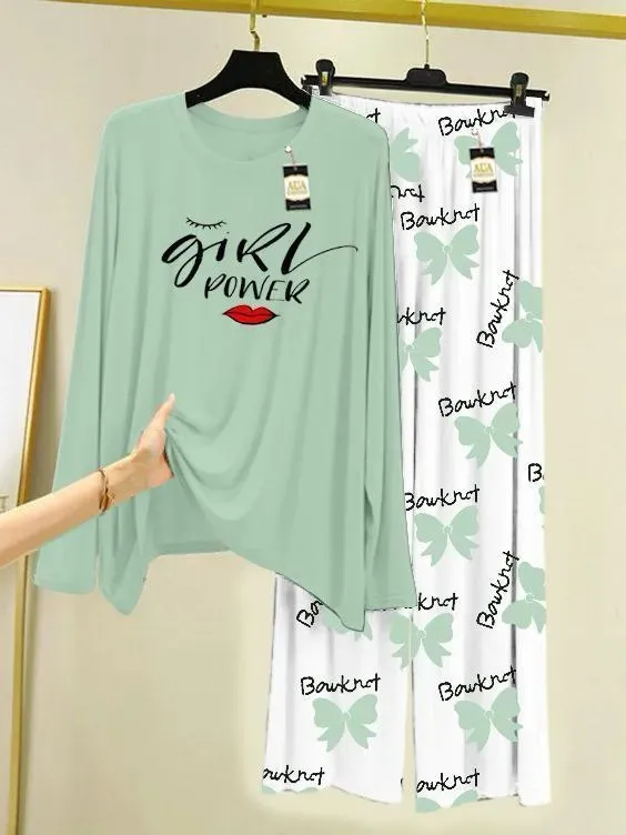 2 Pcs Women's Stitched Cotton Jersey Printed Night Suit Green