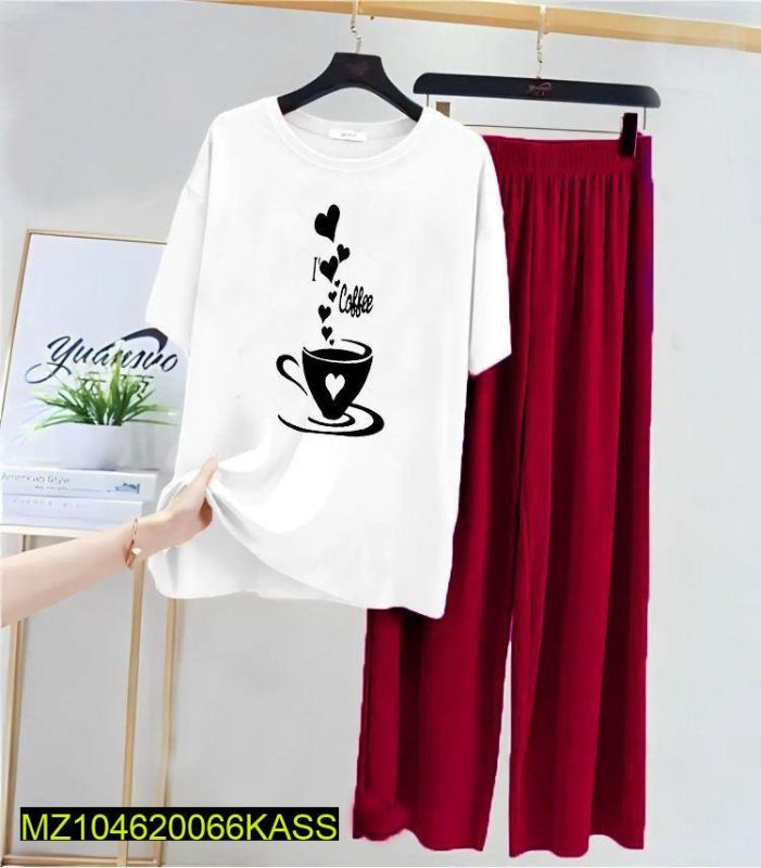 2 Pcs Women's Stitched Cotton Jersey Printed Night Suit Maroon
