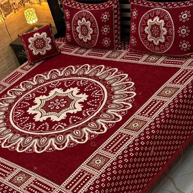 4 Pcs Velvet Jacquard Embroidered Double Bedsheet