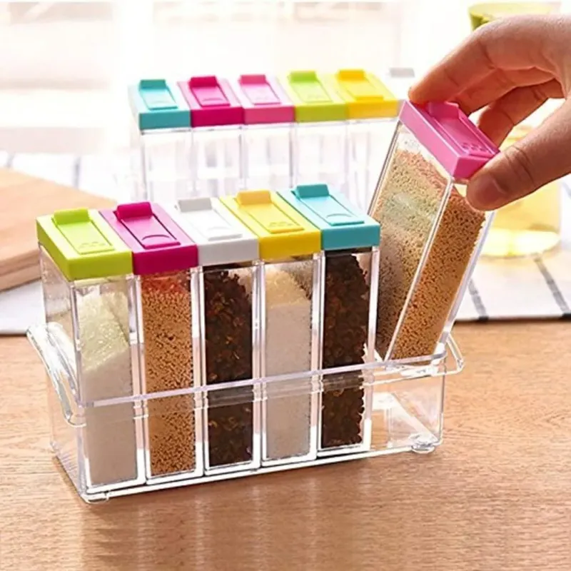 6 Piece/Set Transparent Plastic Masala Spice Jars Set for Kitchen, Condiment Box, Acrylic Seasoning Storage Box
