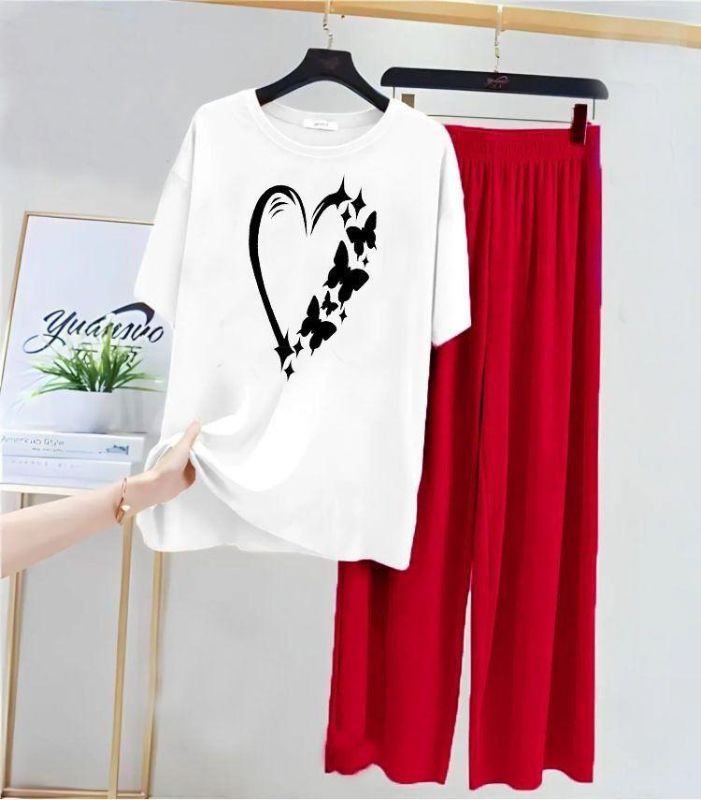 2 Pcs Women's Stitched Cotton Jersey Printed Night Suit Red