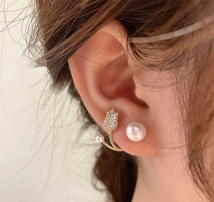 Flower Design Gold Plated Pearl Studs