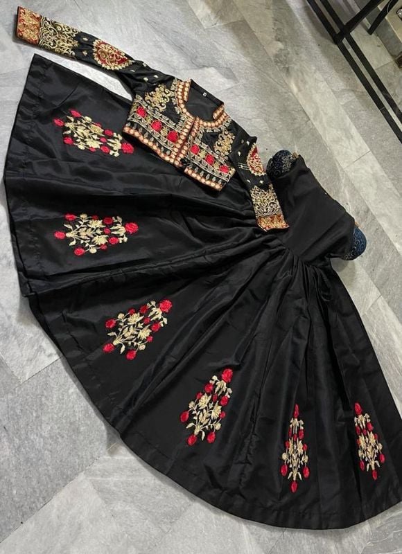 3 Pcs Women's Stitched Fancy Katan Silk Embroidered Maxi