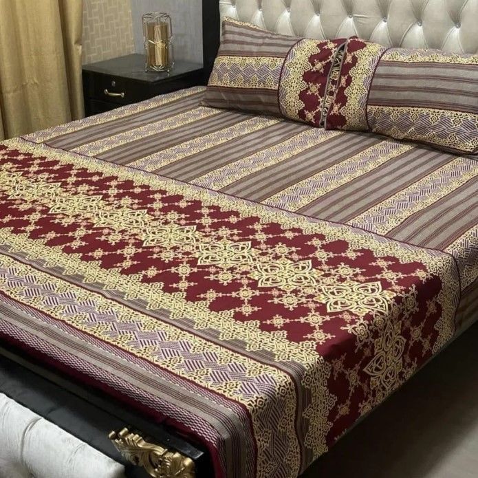 3 Pcs Crystal Cotton Printed Double Bedsheet Golden