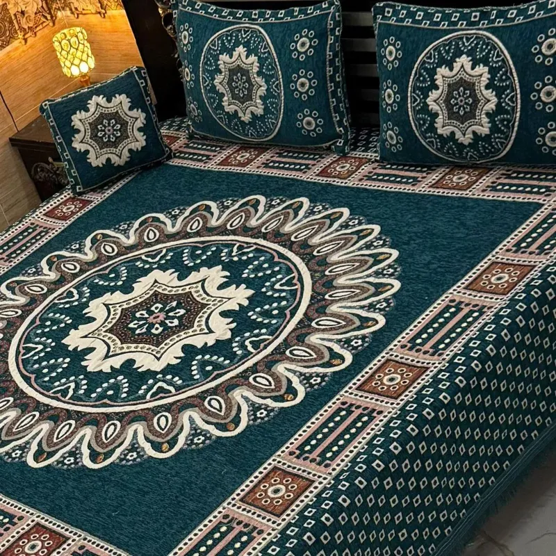 4 Pcs Velvet Jacquard Embroidered Double Bedsheet