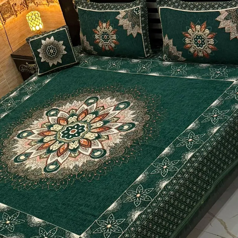 4 Pcs Velvet Jacquard Embroidered Double Bedsheet Green