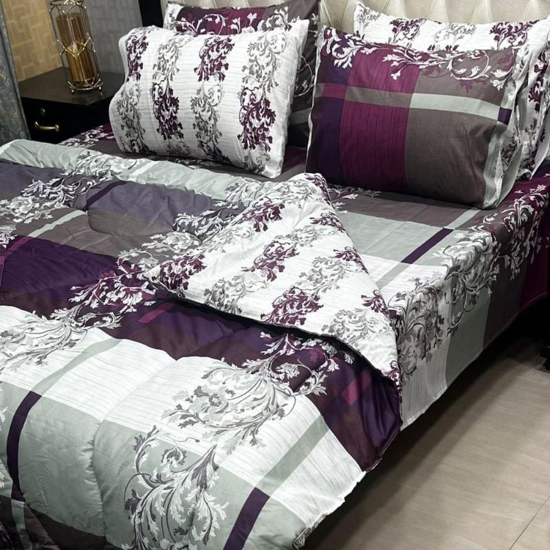 6 Pcs Cotton Salonica Printed Razai Set Purple