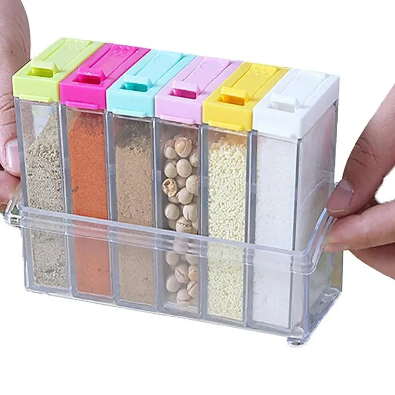 6 Piece/Set Transparent Plastic Masala Spice Jars Set for Kitchen, Condiment Box, Acrylic Seasoning Storage Box