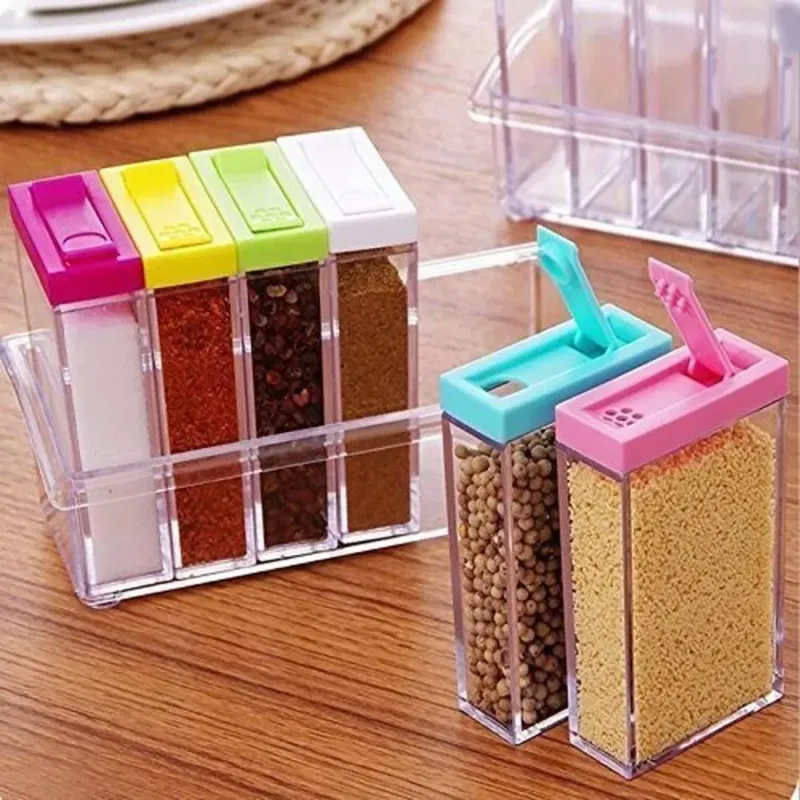 6 Piece/Set Transparent Plastic Masala Spice Jars Set for Kitchen, Condiment Box, Acrylic Seasoning Storage Box