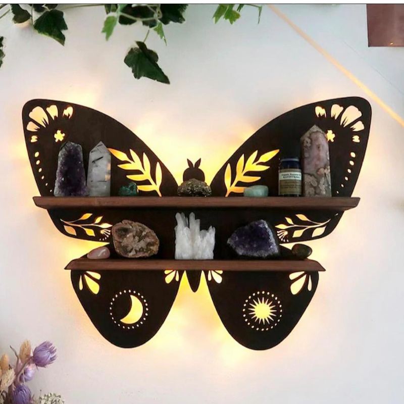 Butterfly Design Wooden wall shelf with back light