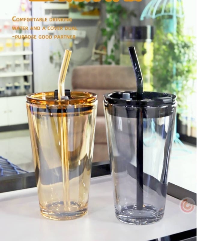 (Dozen) QUALITY FANCY GLASS CUP WITH STRAW Perfect for Coffee,Juice,Milk shake