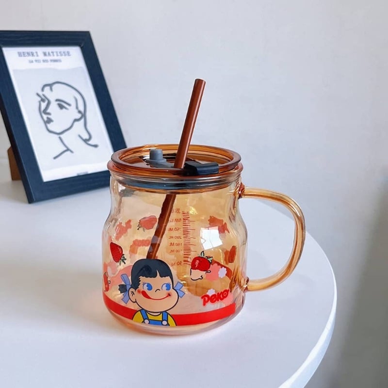 (Dozen). GLASS STRAW CUP WITH CARTOON STICKER