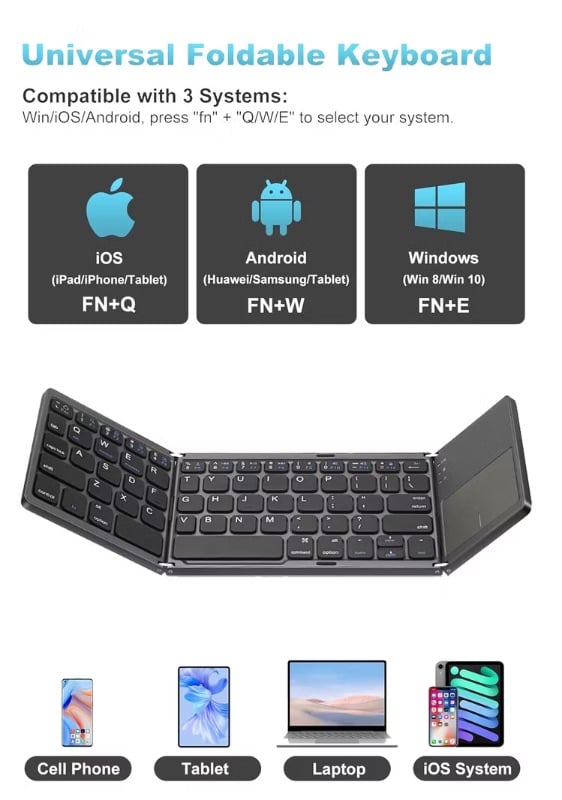 clavier Bluetooth pliable avec pavé tactile.