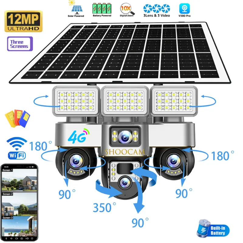Caméra de surveillance solaire 12MP 3PTZ 3 objectifs 3 écrans wifi 4G