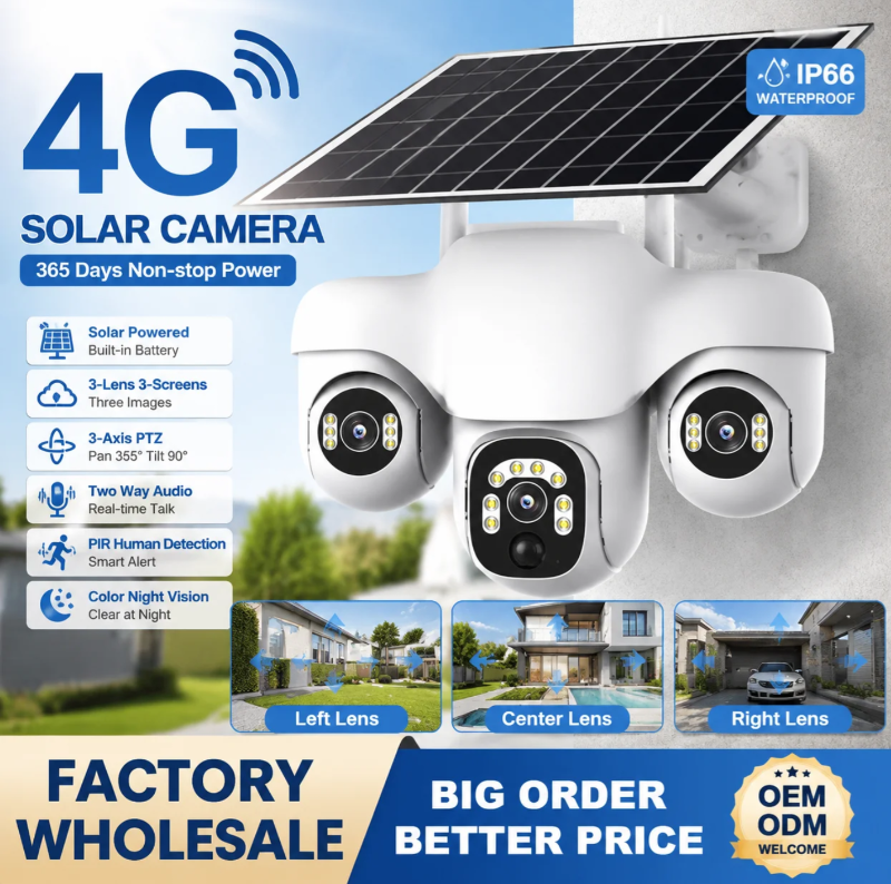 Caméra Solaire V380 Pro 15MP 4G Caméra Triple Lentille Caméra PTZ Triple Audio Bidirectionnel Extérieure Batterie Intégrée Sécurité CCTV HD Caméra IP